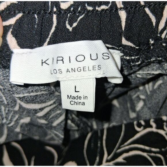 Kirious Palazzo Pants L Black White Floral Wide Leg Slit Elastic Waist Rayon - Picture 6 of 8